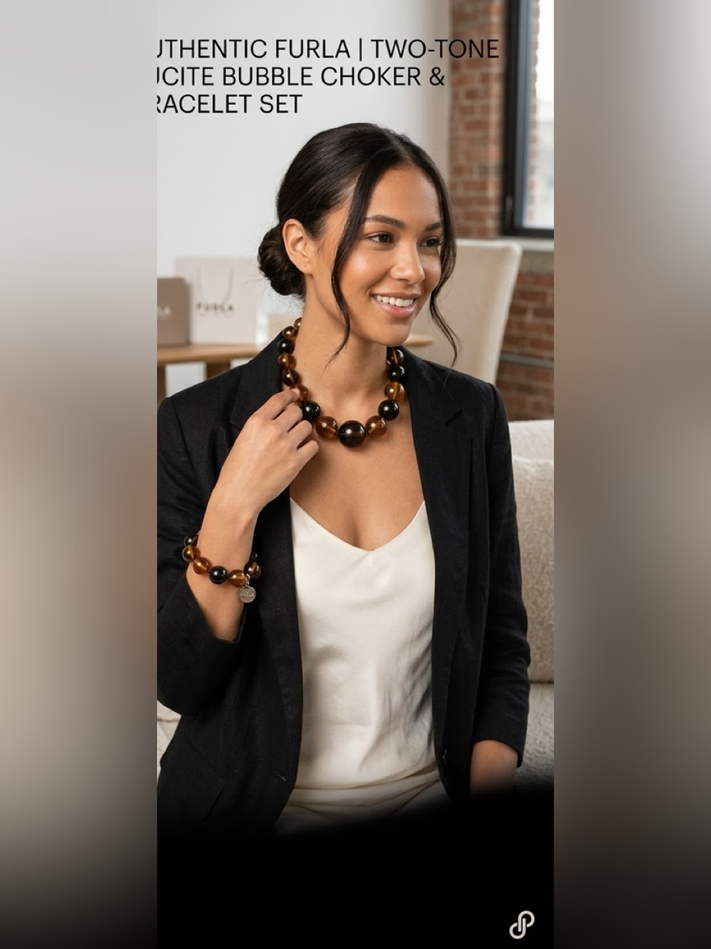2-1 deal Furla Two-Tone Lucite Bubble Choker & Bracelet Set in Brown & Black